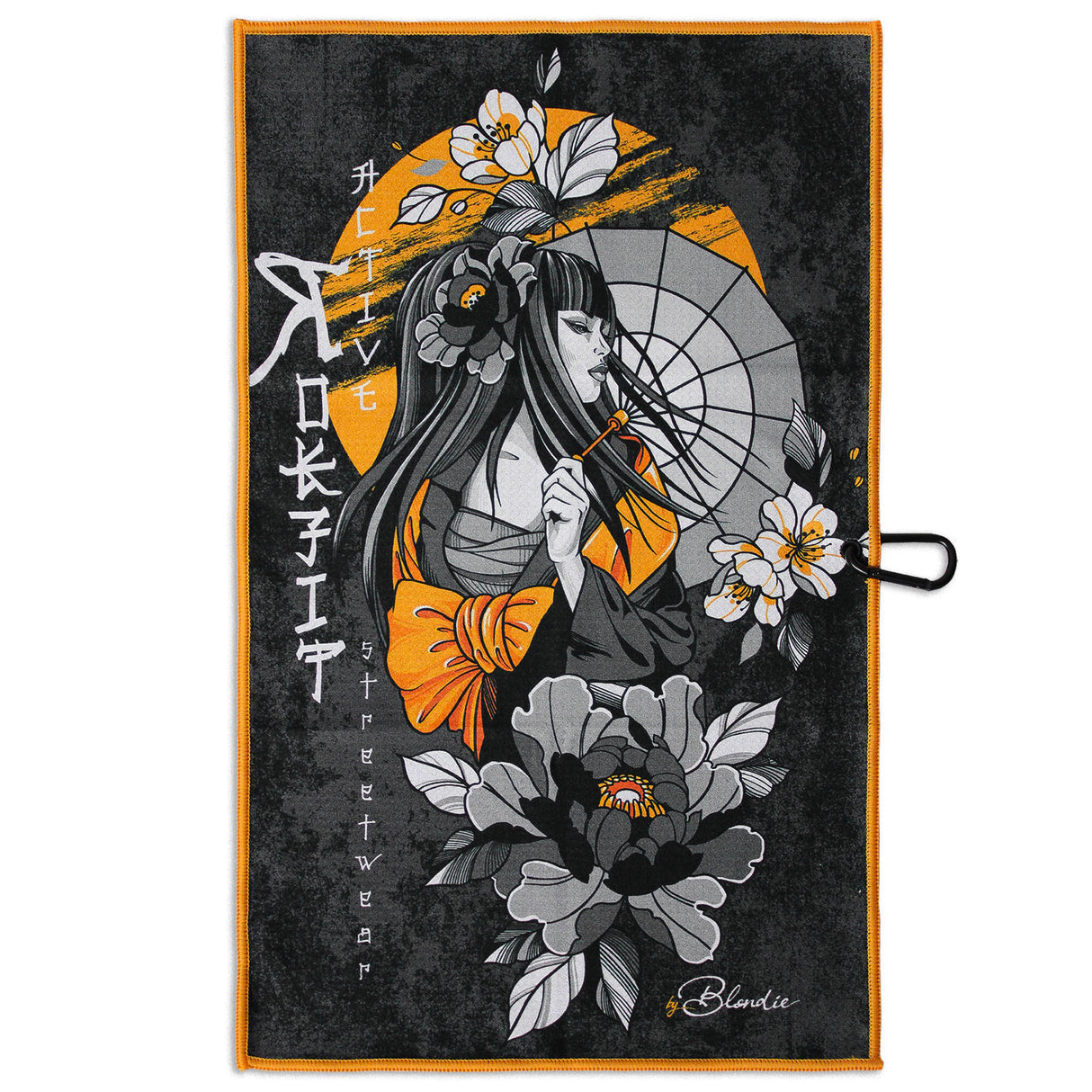 Front view of Utility Towel with 'RokFit X Blondie' graphic