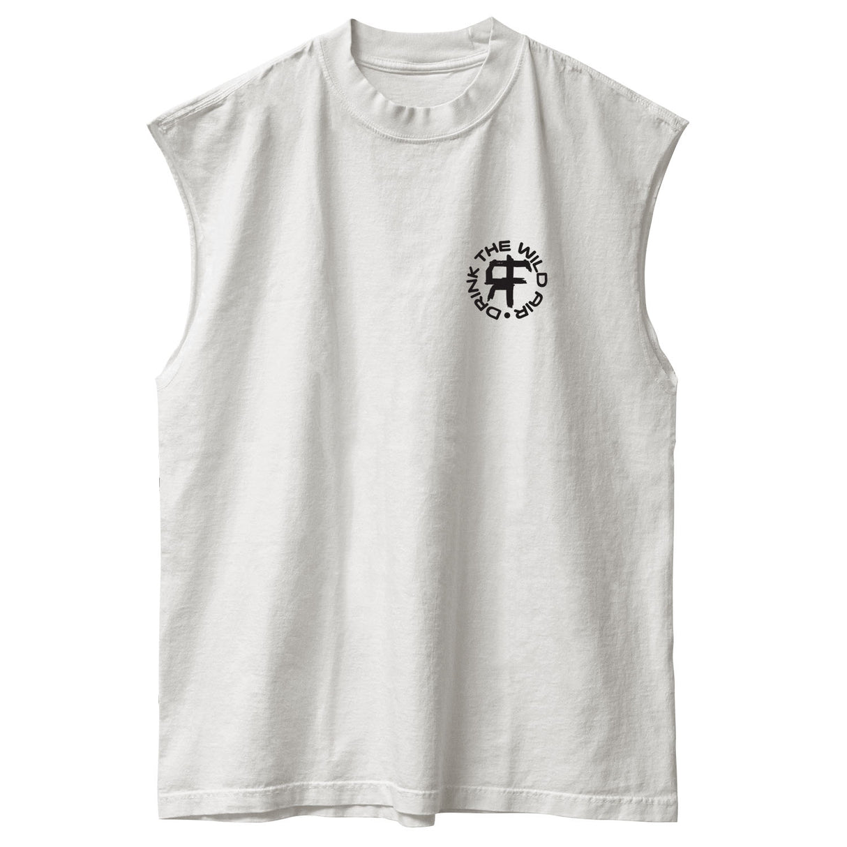 Front view of unisex white sleeveless Street Tee with 'Drink The Wild Air' graphic