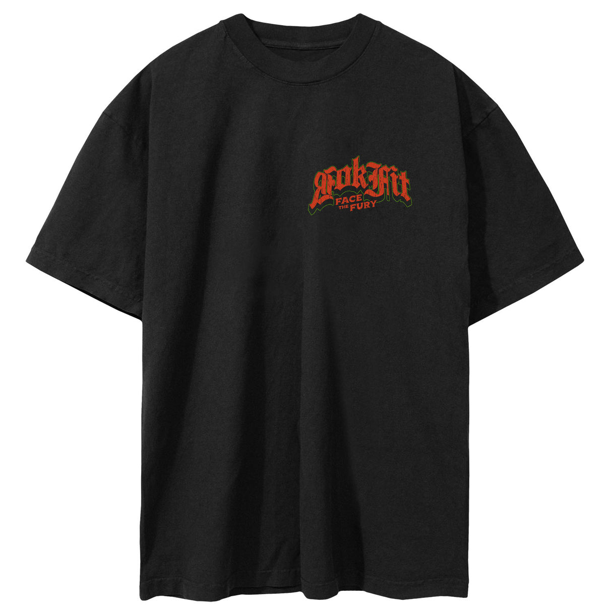 Front view of unisex black Street Tee with 'Face The Fury' graphic