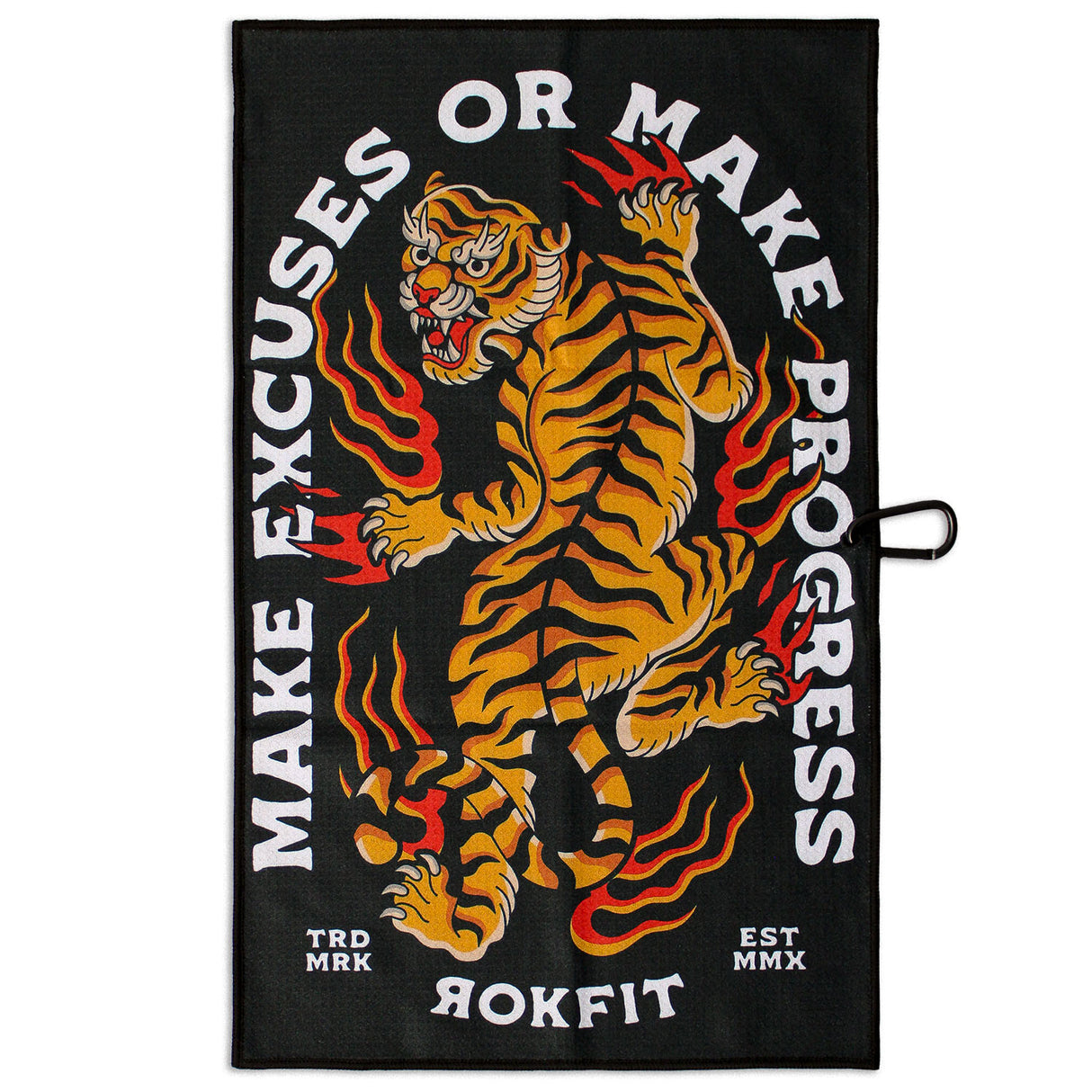Front view of Utility Towel with 'Make Excuses or Make Progress' graphic