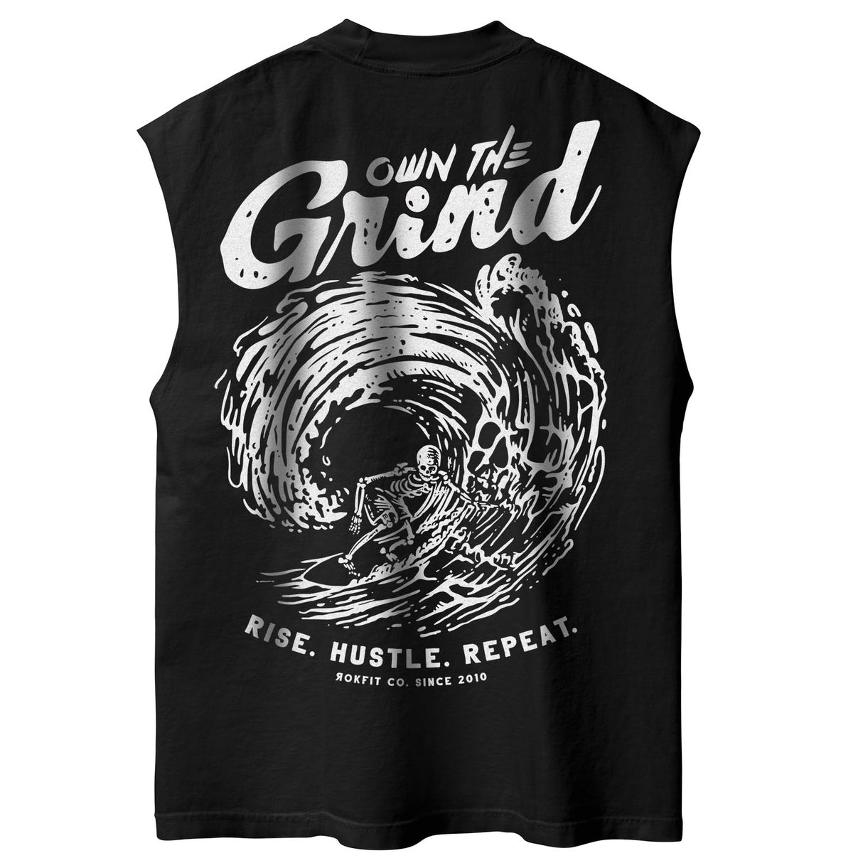 Back view of unisex black sleeveless Street Tee with 'Own The Grind' graphic