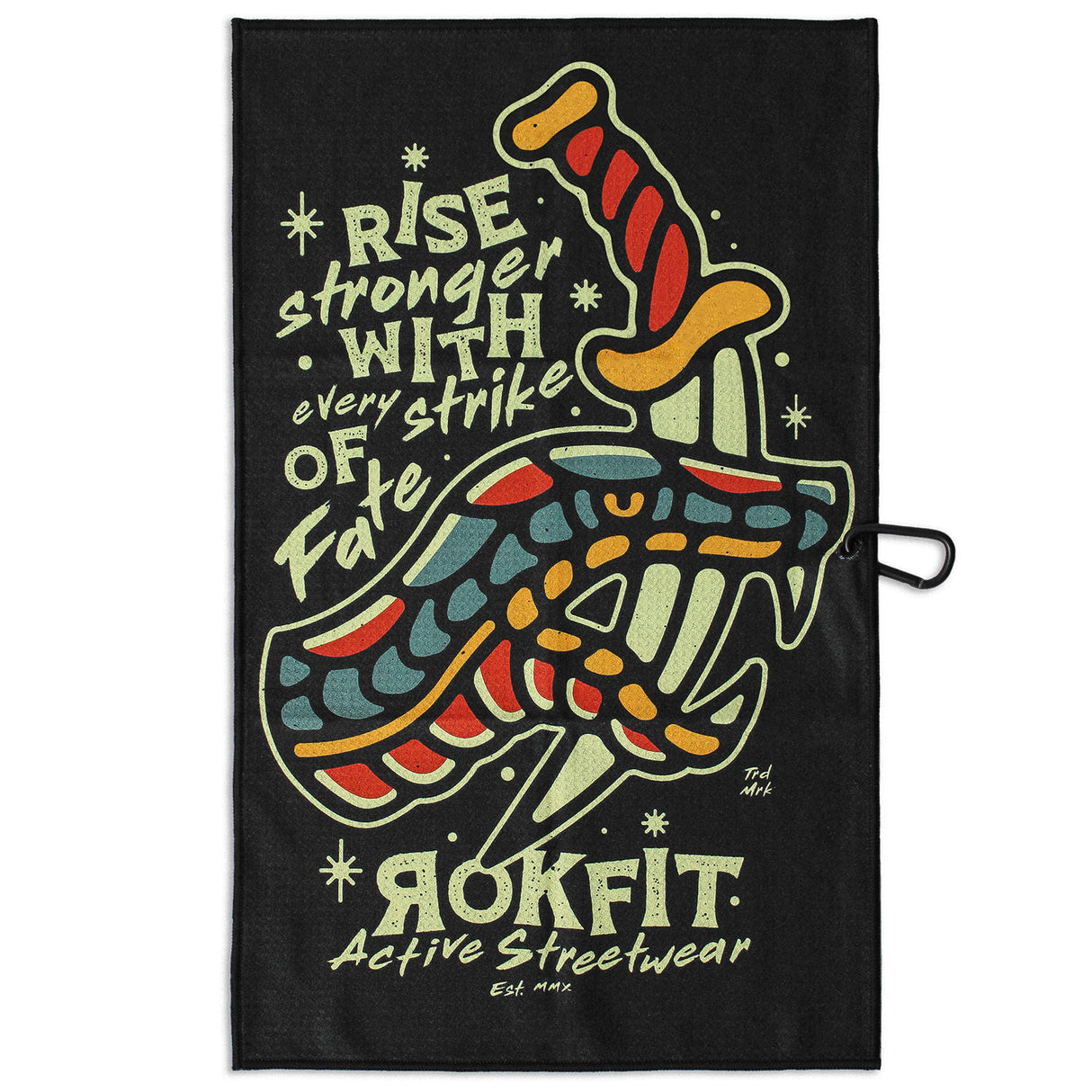 Front view of Utility Towel with 'Rise Stronger With Every Strike Of Fate' graphic