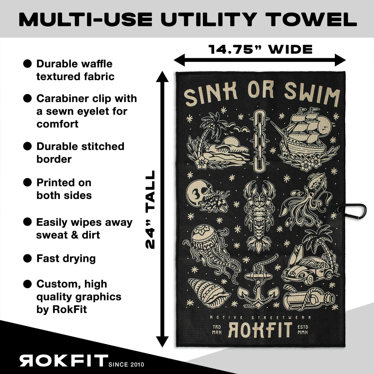 Utility Towel details showing 14.75-inches wide by 24-inches tall with 'Sink or Swim' graphic