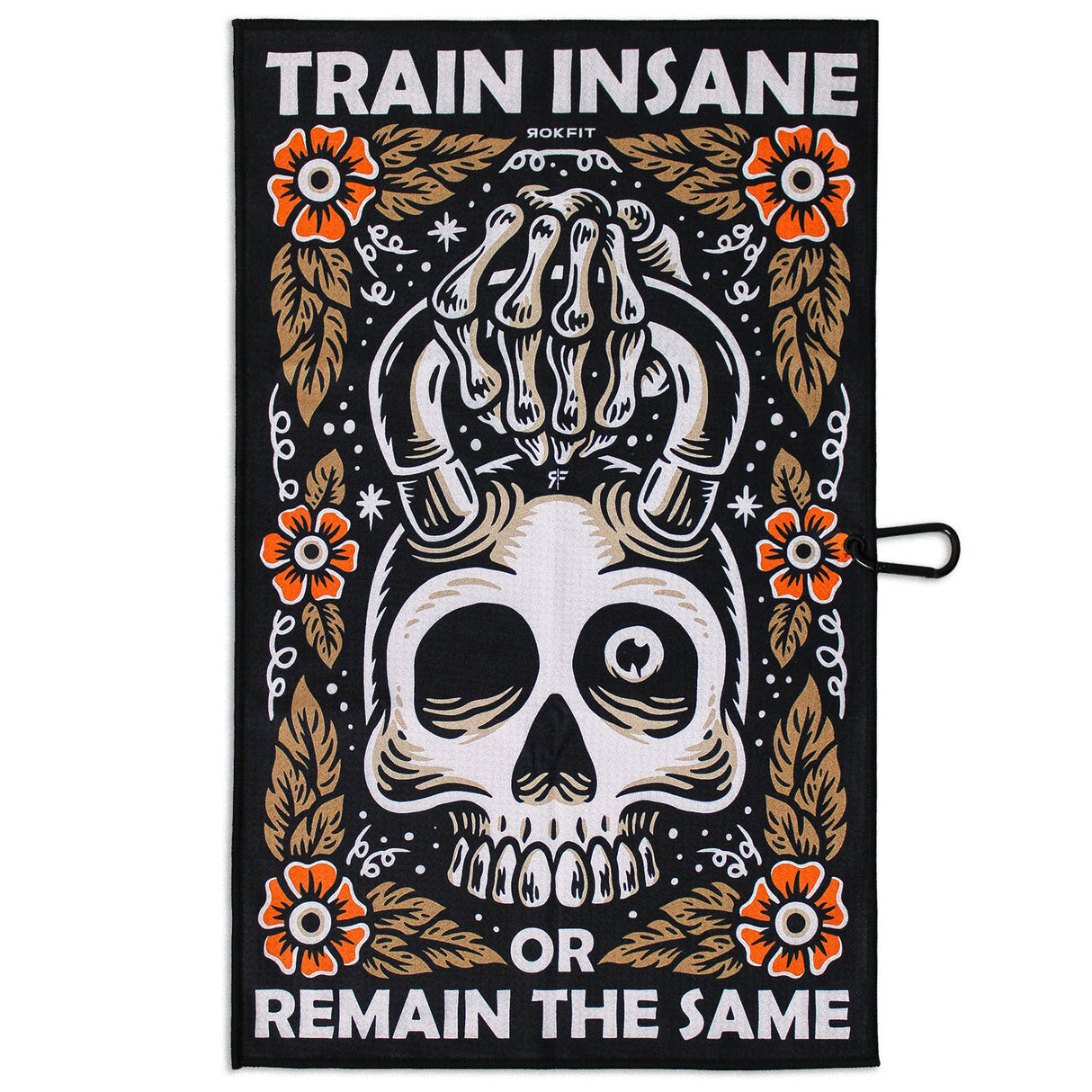 Front view of Utility Towel with 'Train Insane or Remain the Same' graphic