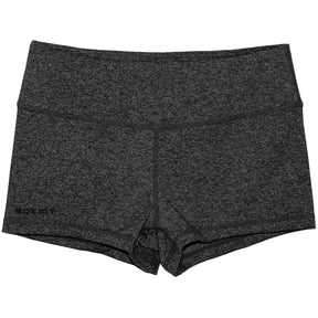 Front view of heather black 2.5-inch booty shorts