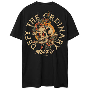 Back view of unisex black Active Tee with 'Defy The Ordinary' graphic