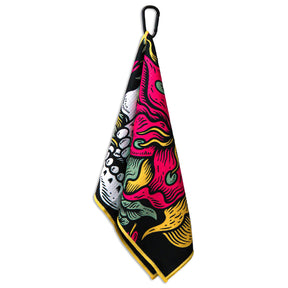 Hanging view of Utility Towel with 'Eternal Bloom' graphic