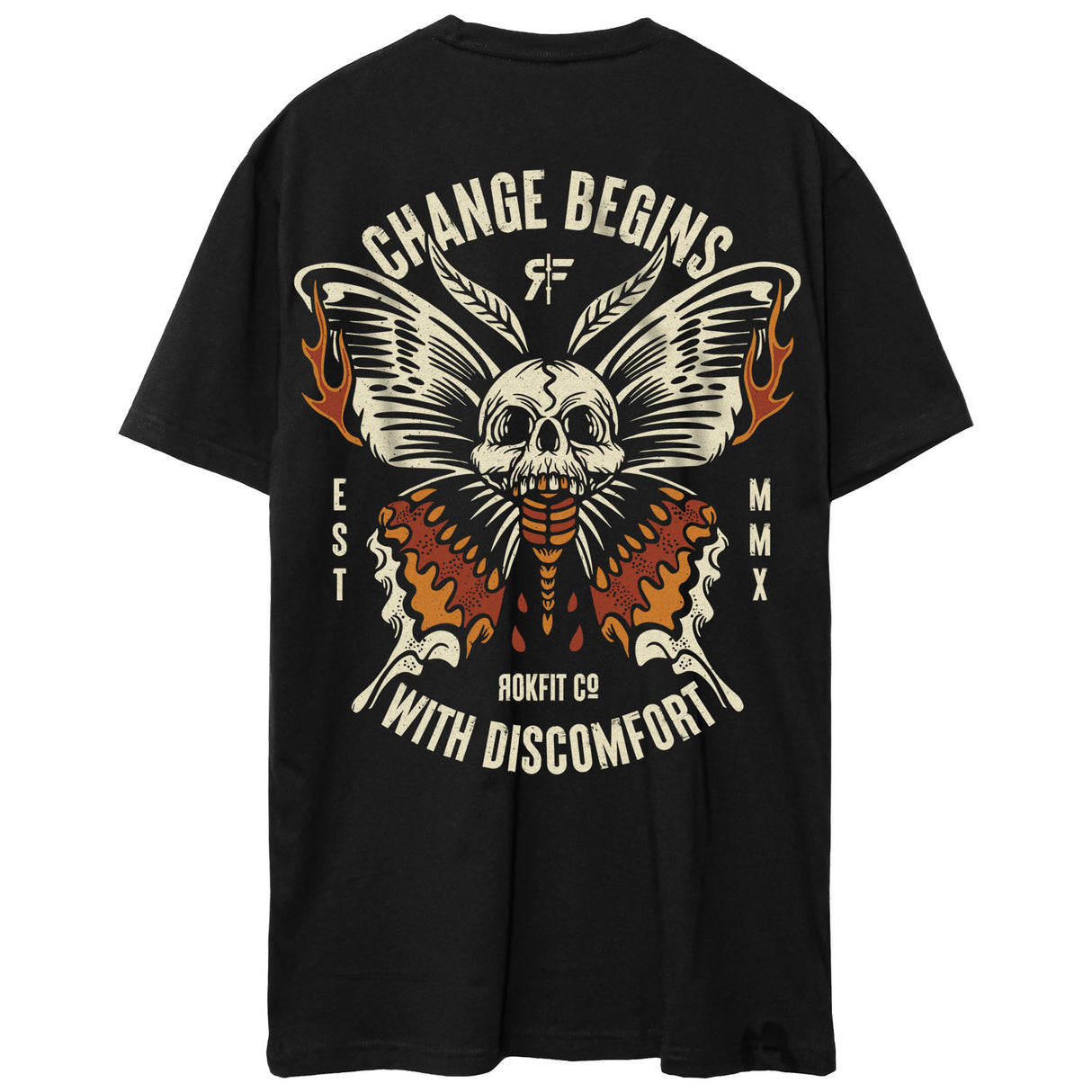 Back view of unisex black Active Tee with 'Change Begins With Discomfort' graphic