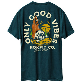 Back view of unisex black aqua Active Tee with 'Only Good Vibes' graphic