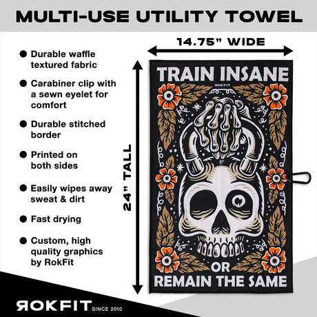 Utility Towel details showing 14.75-inches wide by 24-inches tall with 'Train Insane or Remain the Same' graphic