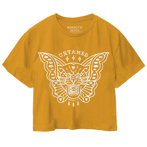 Front view of vintage gold women's crop t-shirt with 'Untamed' graphic